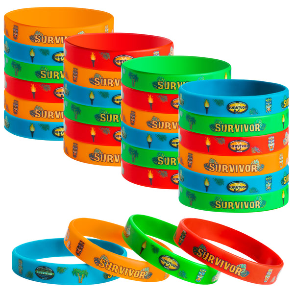 Unbess 24Pcs Survivor TV Show Party Favor Bracelets Colored Rubber Silicone Stretch Wristbands Bracelet Survivor Themed Birthday Gift Party Supplies Favors Decorations for Kids Teens Adult Celebration