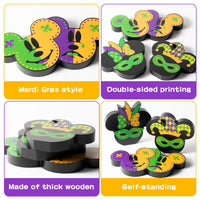 Unbess 3Pcs Mardi Gras Cartoon Mouse Tiered Tray Sign Table Decor Gold Purple Green Crown Mask Feather Carnival Themed Freestanding Rustic Wooden Table Centerpieces for Mardi Gras Decor Gift Supplies