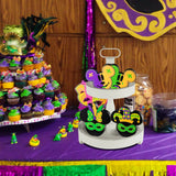 Unbess 3Pcs Mardi Gras Cartoon Mouse Tiered Tray Sign Table Decor Gold Purple Green Crown Mask Feather Carnival Themed Freestanding Rustic Wooden Table Centerpieces for Mardi Gras Decor Gift Supplies